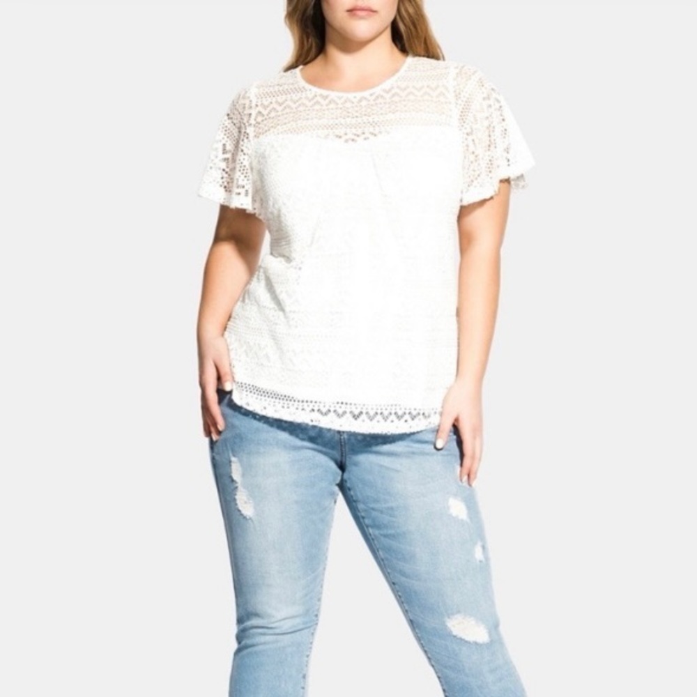 City Chic Serenity Flutter Sleeve Lace Shirt White